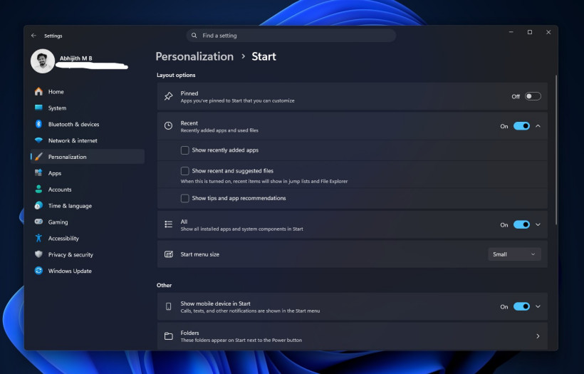 Start menu Personalization settings after the update